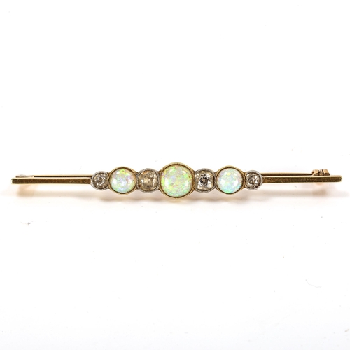 181 - A graduated opal and diamond bar brooch, unmarked gold settings with round cabochon opals and old-cu... 