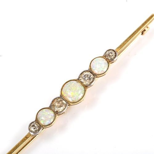 181 - A graduated opal and diamond bar brooch, unmarked gold settings with round cabochon opals and old-cu... 