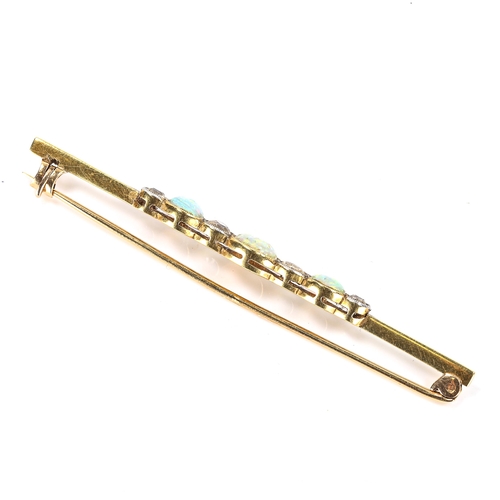 181 - A graduated opal and diamond bar brooch, unmarked gold settings with round cabochon opals and old-cu... 