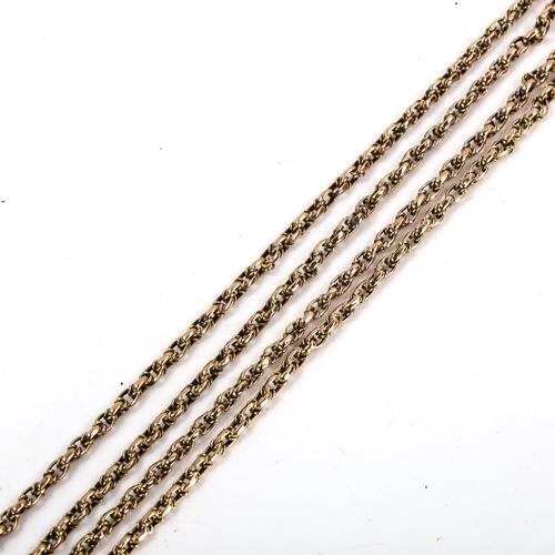 185 - An Antique unmarked gold fancy link long guard chain, with 9ct dog clip, chain length 88cm, 13.2g