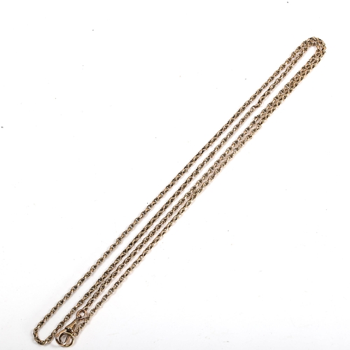 185 - An Antique unmarked gold fancy link long guard chain, with 9ct dog clip, chain length 88cm, 13.2g