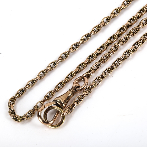 185 - An Antique unmarked gold fancy link long guard chain, with 9ct dog clip, chain length 88cm, 13.2g