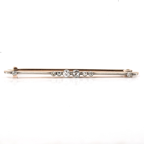 188 - An Antique diamond bar brooch, unmarked yellow and white metal settings with old-cut diamonds, brooc... 