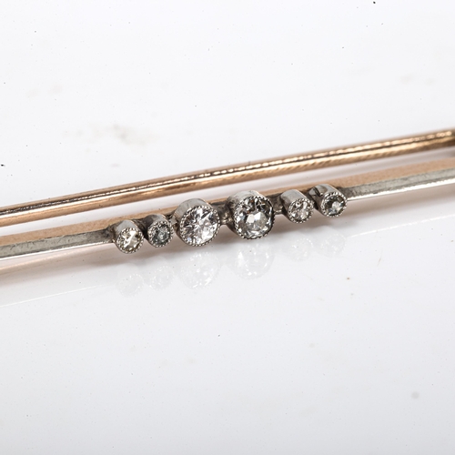 188 - An Antique diamond bar brooch, unmarked yellow and white metal settings with old-cut diamonds, brooc... 