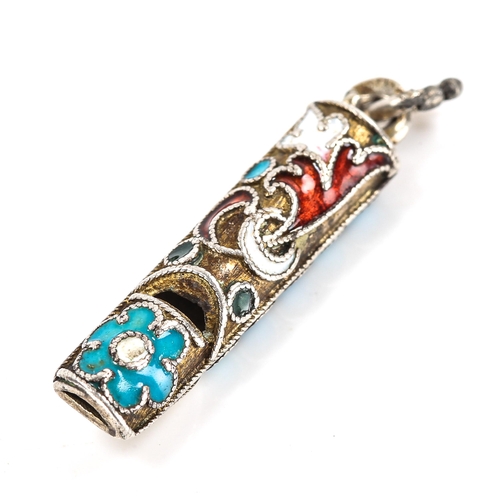 190 - A miniature Russian silver and champleve enamel whistle fob, indistinct marks on bale, length 2.5cm