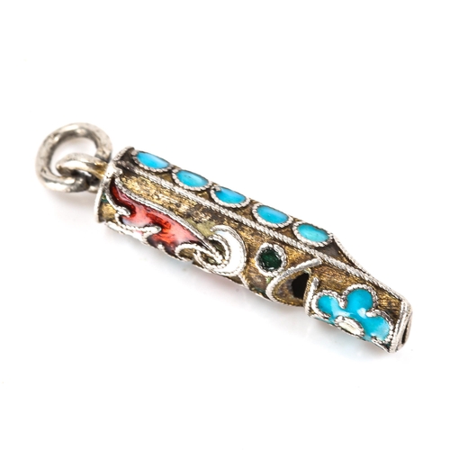 190 - A miniature Russian silver and champleve enamel whistle fob, indistinct marks on bale, length 2.5cm