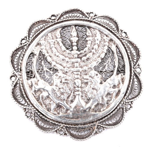 192 - A Jewish silver filigree brooch, Lion of Judah and Temple Menorah decoration, marks verso, brooch di... 