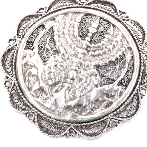 192 - A Jewish silver filigree brooch, Lion of Judah and Temple Menorah decoration, marks verso, brooch di... 