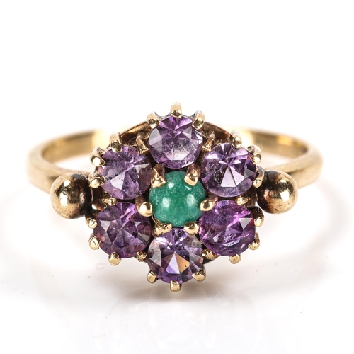 193 - A late 20th century 9ct gold amethyst and turquoise cluster ring, set with round-cut amethyst and ro... 