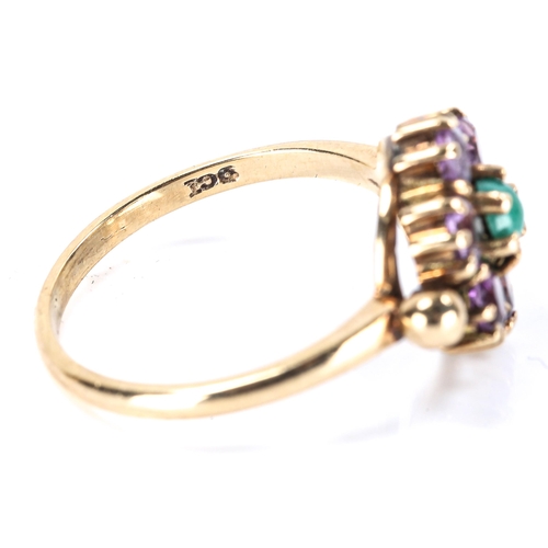 193 - A late 20th century 9ct gold amethyst and turquoise cluster ring, set with round-cut amethyst and ro... 