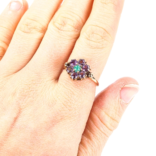 193 - A late 20th century 9ct gold amethyst and turquoise cluster ring, set with round-cut amethyst and ro... 