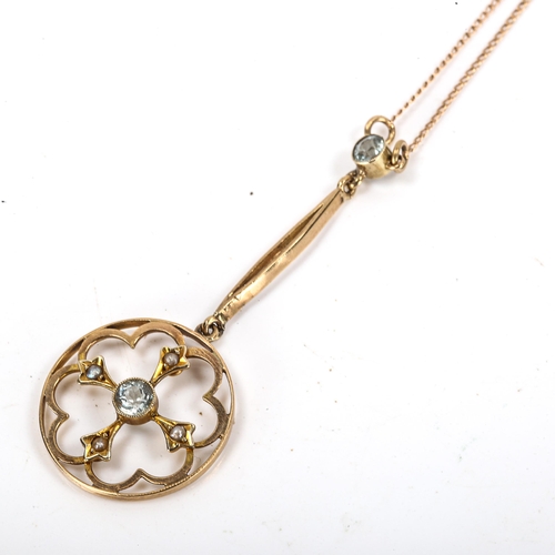 199 - An Edwardian 9ct gold aquamarine and pearl openwork pendant necklace, on 9ct trace link chain, penda... 