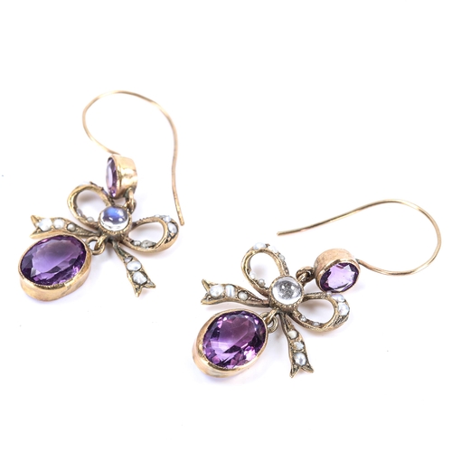 234 - A pair of 9ct gold moonstone amethyst and pearl ribbon bow drop earrings, with shepherd hook fitting... 