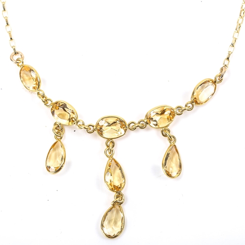 235 - A modern 9ct gold citrine drop necklace, set with oval mixed and pear-cut citrines, necklace length ... 