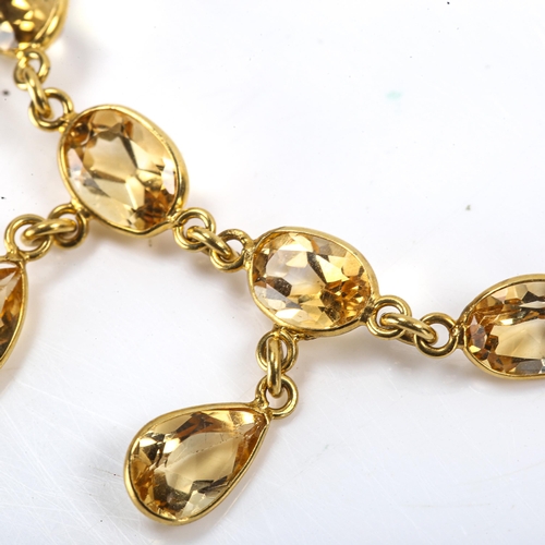 235 - A modern 9ct gold citrine drop necklace, set with oval mixed and pear-cut citrines, necklace length ... 