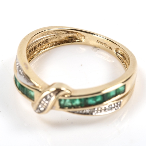 236 - A modern 9ct gold emerald and diamond crossover ring, setting height 5.9mm, size J, 2g