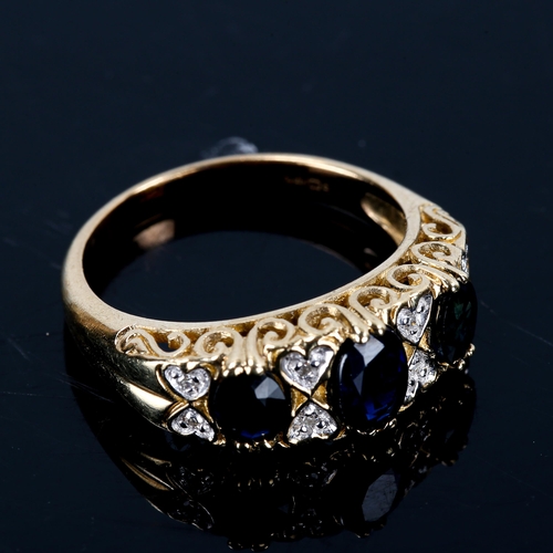 239 - A modern 9ct gold sapphire and diamond half hoop ring, set with oval mixed-cut sapphire and single-c... 