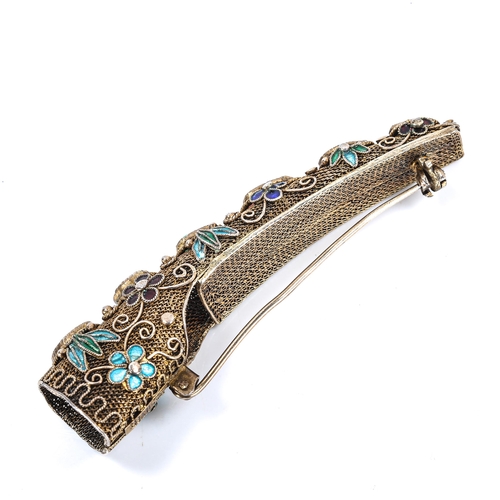 241 - An early 20th century Chinese silver filigree enamel and gem set nail guard, converted to brooch, le... 