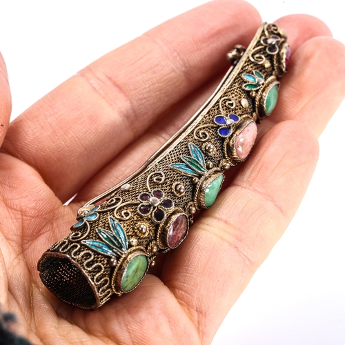 241 - An early 20th century Chinese silver filigree enamel and gem set nail guard, converted to brooch, le... 