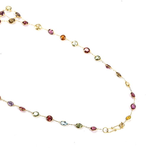 243 - A modern 14ct gold gem set bib necklace, gemstones include amethyst, peridot, garnet, citrine, topaz... 