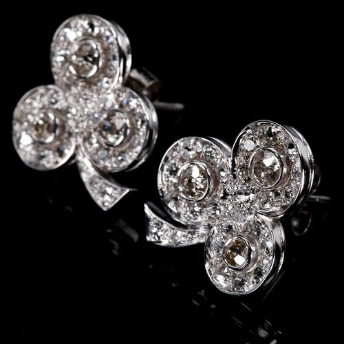 248 - A fine pair of diamond shamrock stud earrings, unmarked white gold settings with old-cut diamonds, t... 