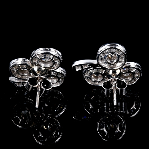 248 - A fine pair of diamond shamrock stud earrings, unmarked white gold settings with old-cut diamonds, t... 