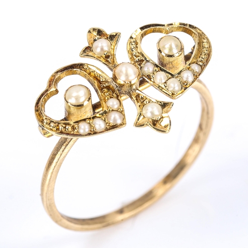 251 - A Victorian unmarked gold split-pearl double-heart ring, setting height 13.7mm, size O, 1.8g