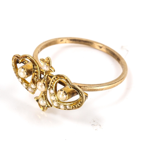 251 - A Victorian unmarked gold split-pearl double-heart ring, setting height 13.7mm, size O, 1.8g