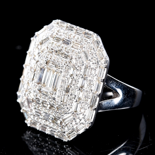 253 - A large modern 9ct white gold diamond cluster panel ring, pave set with baguette and round brilliant... 