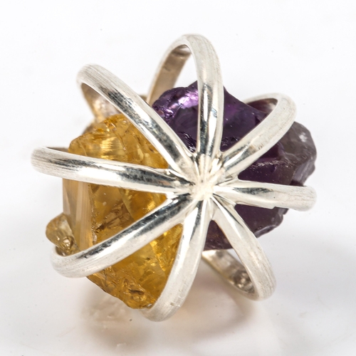 258 - A modern unmarked silver rough-cut gem cage pendant, set with amethyst and citrine, pendant height 3... 