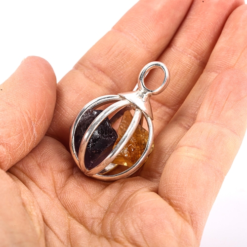 258 - A modern unmarked silver rough-cut gem cage pendant, set with amethyst and citrine, pendant height 3... 