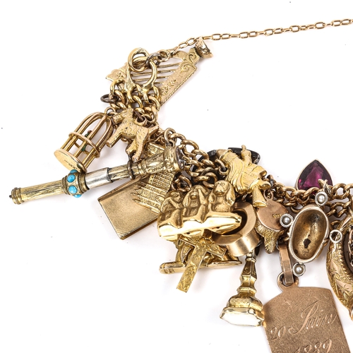 262 - An 18ct gold triple-row curb link charm bracelet, with 9ct gold padlock and 35 various charms, inclu... 