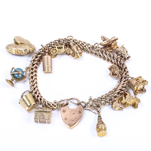 263 - A 9ct gold fancy curb link charm bracelet, with 9ct heart padlock and 16 x 9ct charms, including Tob... 