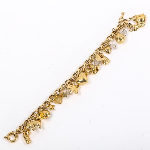 264 - A modern 9ct gold belcher link charm bracelet with 26 charms, bracelet length 18cm, 22.4g gross