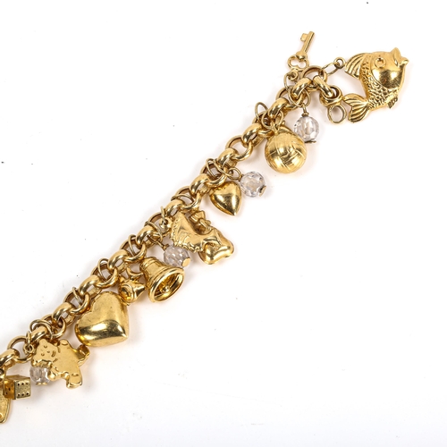 264 - A modern 9ct gold belcher link charm bracelet with 26 charms, bracelet length 18cm, 22.4g gross