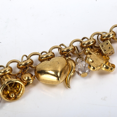 264 - A modern 9ct gold belcher link charm bracelet with 26 charms, bracelet length 18cm, 22.4g gross