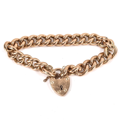 268 - A 9ct rose gold hollow curb link bracelet, with heart padlock, bracelet length 17cm, 28.6g