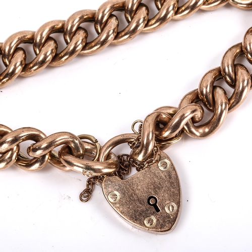 268 - A 9ct rose gold hollow curb link bracelet, with heart padlock, bracelet length 17cm, 28.6g