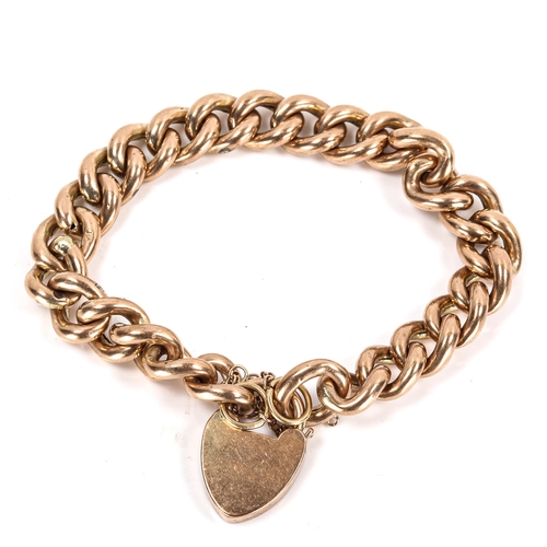 268 - A 9ct rose gold hollow curb link bracelet, with heart padlock, bracelet length 17cm, 28.6g