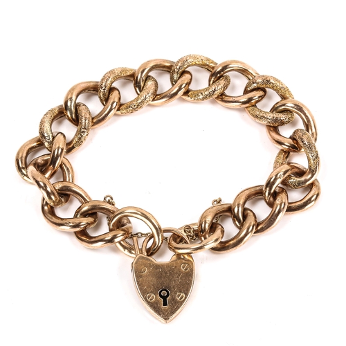 269 - A 9ct rose gold hollow curb link bracelet, textured and polished settings with 9ct heart padlock, br... 