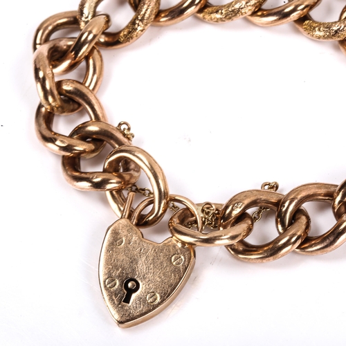 269 - A 9ct rose gold hollow curb link bracelet, textured and polished settings with 9ct heart padlock, br... 