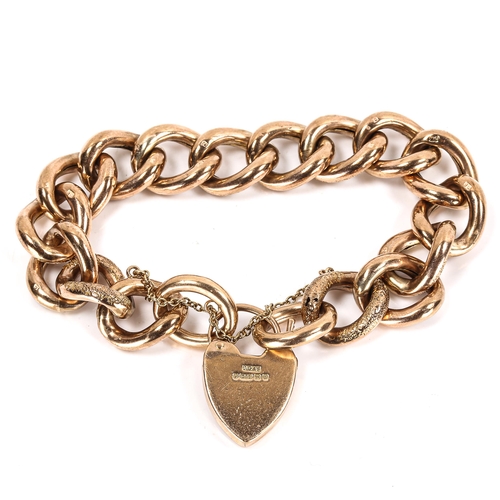 269 - A 9ct rose gold hollow curb link bracelet, textured and polished settings with 9ct heart padlock, br... 