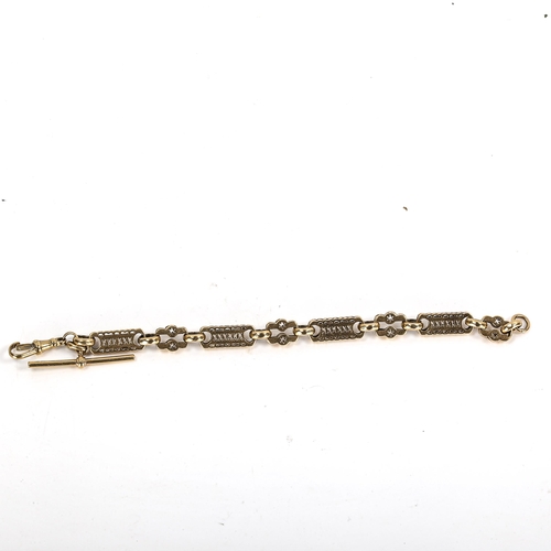 276 - An unmarked gold fancy link Albert chain bracelet, with dog clip and T-bar, length 20cm, 22.7g