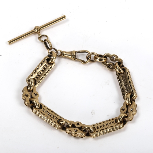 276 - An unmarked gold fancy link Albert chain bracelet, with dog clip and T-bar, length 20cm, 22.7g