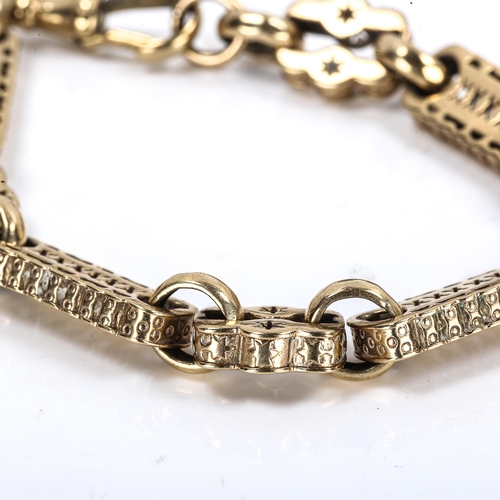 276 - An unmarked gold fancy link Albert chain bracelet, with dog clip and T-bar, length 20cm, 22.7g