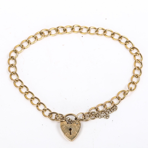 282 - A small 9ct gold flat curb link bracelet with heart padlock, length 16cm, 3.3g