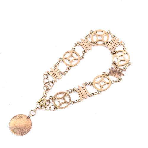 283 - A Chinese 14ct rose gold character mark bracelet, length 17cm, 7.7g