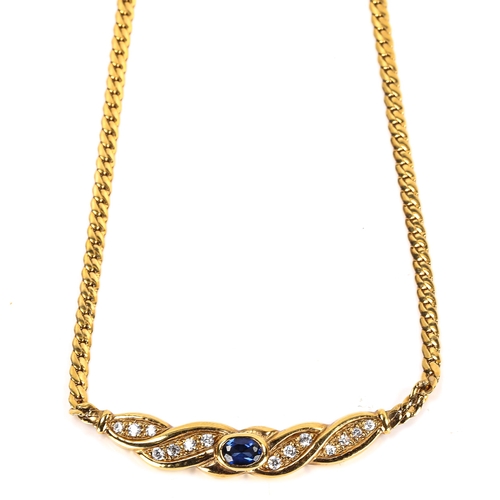 284 - A Middle Eastern synthetic sapphire and cubic zirconia pendant necklace, on unmarked gold herringbon... 