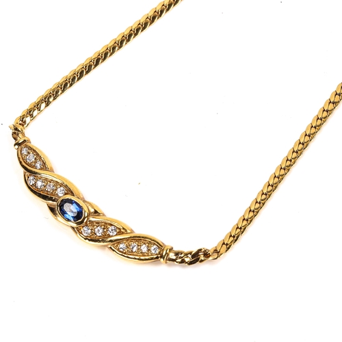 284 - A Middle Eastern synthetic sapphire and cubic zirconia pendant necklace, on unmarked gold herringbon... 