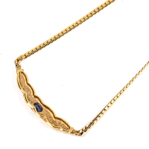 284 - A Middle Eastern synthetic sapphire and cubic zirconia pendant necklace, on unmarked gold herringbon... 